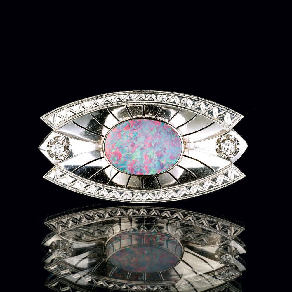 An Opal Diamond Brooch in Art-déco Style