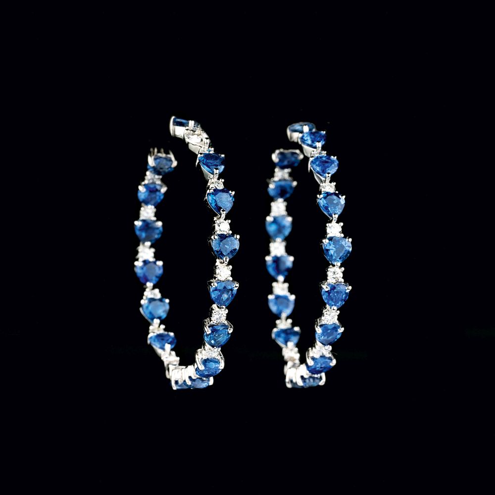 A Pair of Diamond Earrings with Sapphire Hearts - image 2