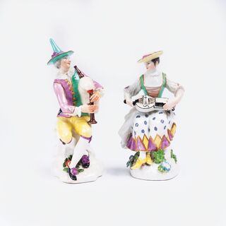 Harlequin with Bagpipes and Girl with Lyre and Hat