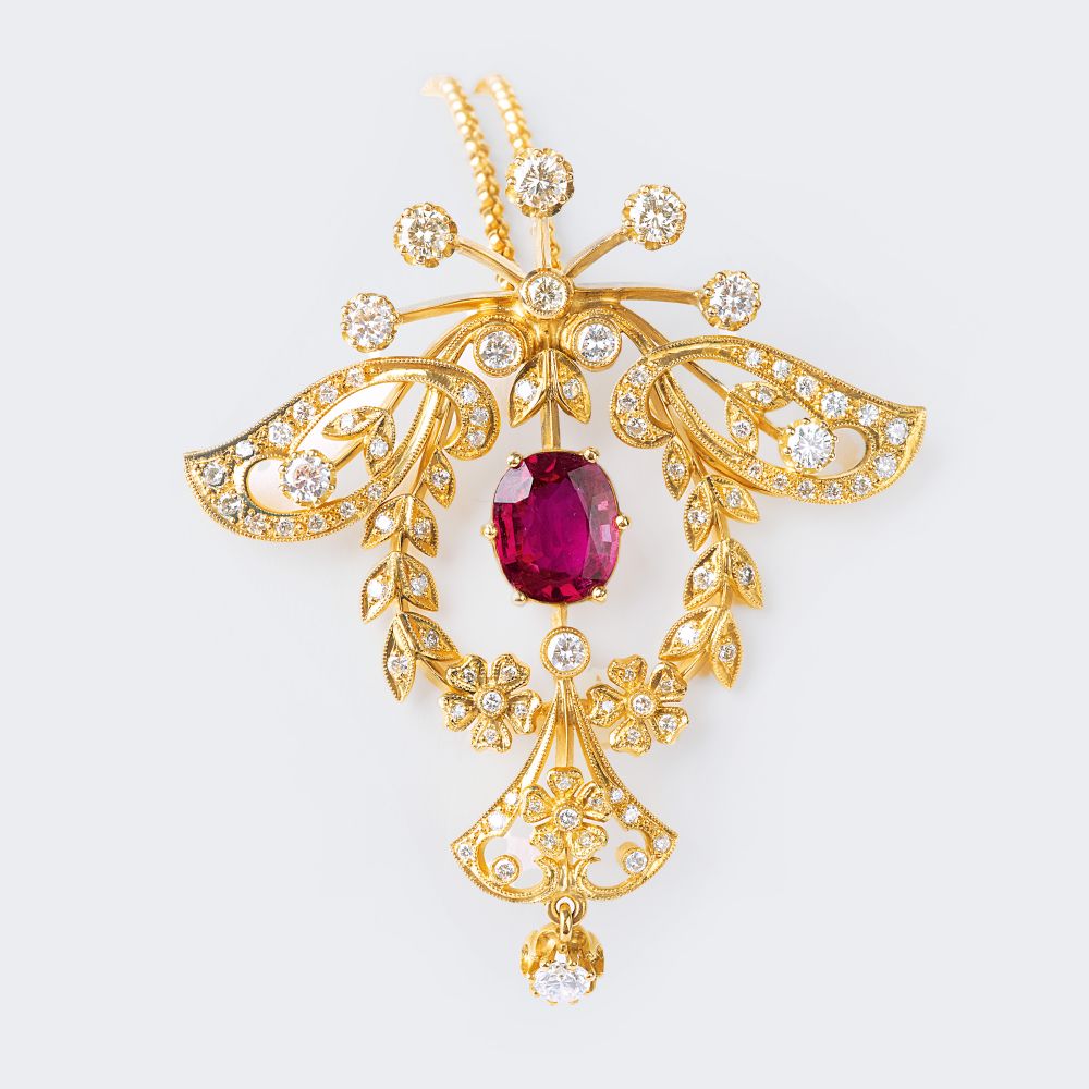 A Pendant with natural Ruby and Diamonds on Necklace