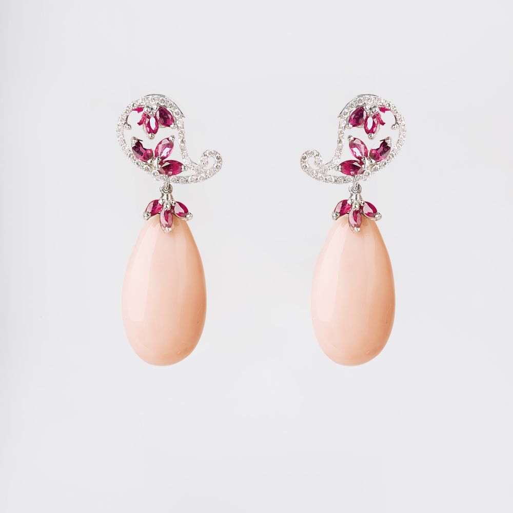 A Pair of Coral Ruby Clipearpendants with Diamonds