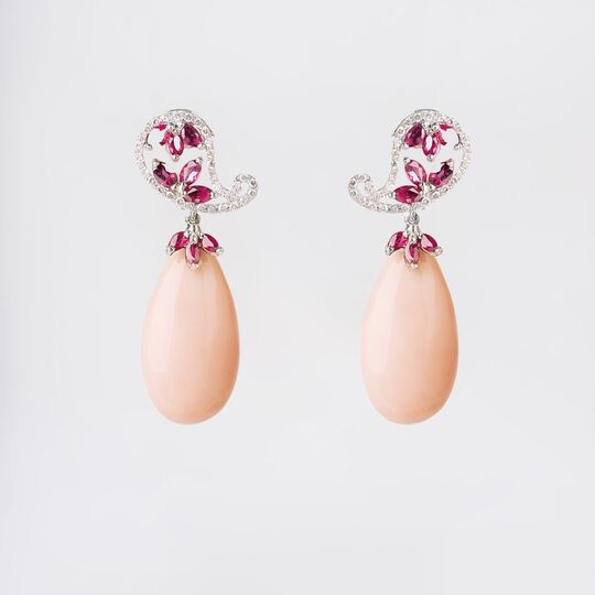 A Pair of Coral Ruby Clipearpendants with Diamonds