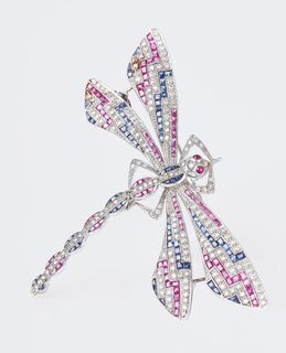 Art-déco Diamant-Rubin-Saphir-Brosche 'Papillon'