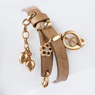 Leder-Wickelarmband mit Gelbgold-Anhänger 'Peace und Hearts'