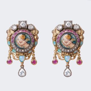 Paar Ohrringe mit Emaillemalerei, Rubinen, Brillanten und Opalen