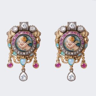 A Pair of Opal Ruby Diamond Earrings with enamel decor