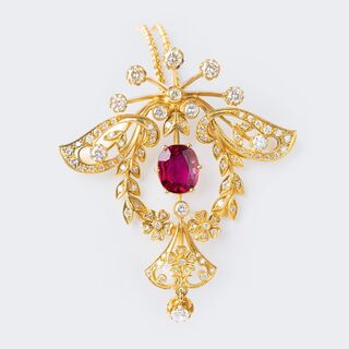 A Pendant with natural Ruby and Diamonds on Necklace
