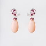 A Pair of Coral Ruby Clipearpendants with Diamonds - image 1