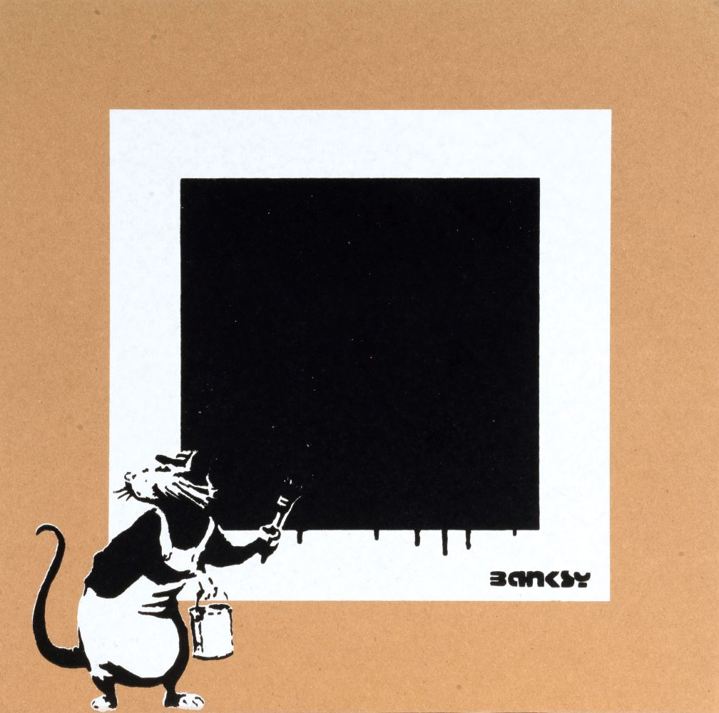 Not by Banksy by Not Not Banksy - Rat with Black Square Rat with Black Square