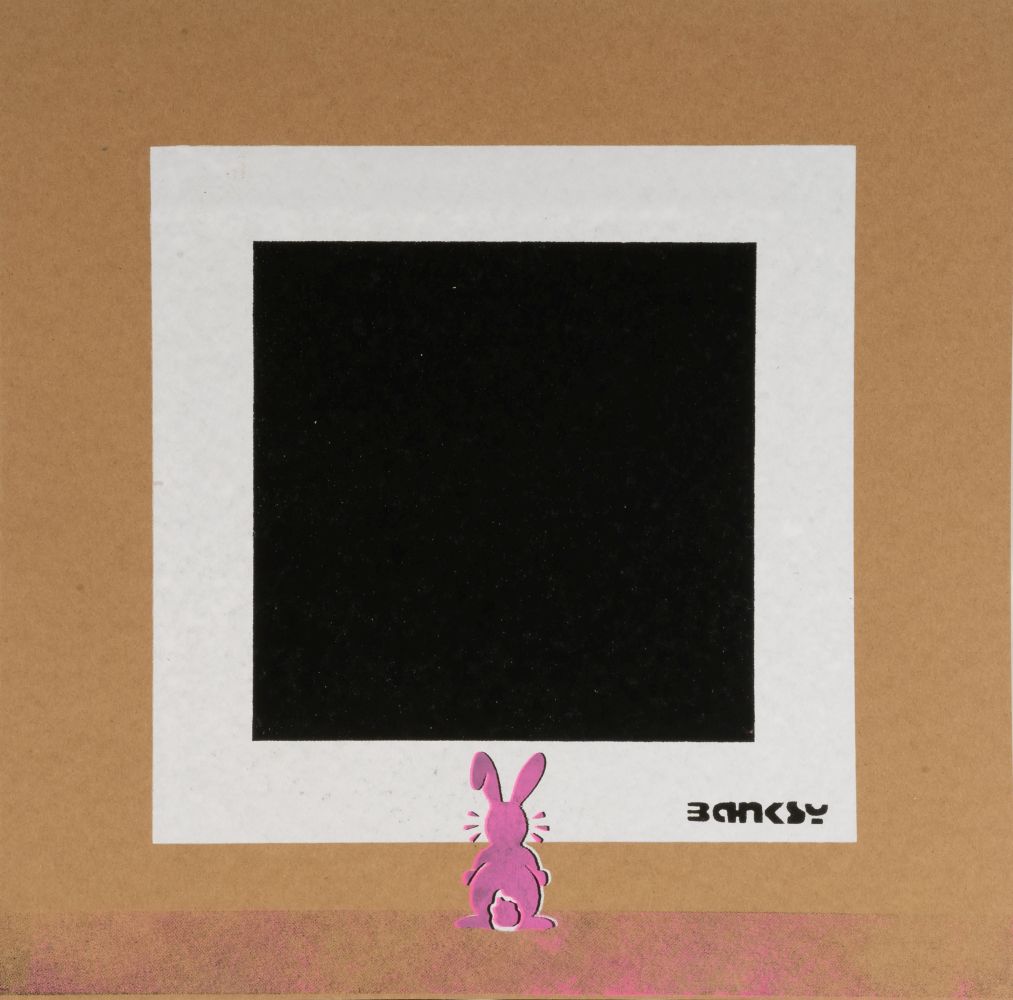 Not by Banksy by Not Not Banksy - Pink Bunny with Black Square Pink Bunny with Black Square