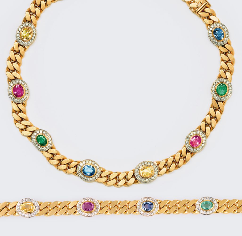 Eugen Hirner - Schwere Panzerkette und passendes Armband mit farbigen Saphiren, Smaragden und Brillanten Schwere Panzerkette und passendes Armband mit farbigen Saphiren, Smaragden und Brillanten