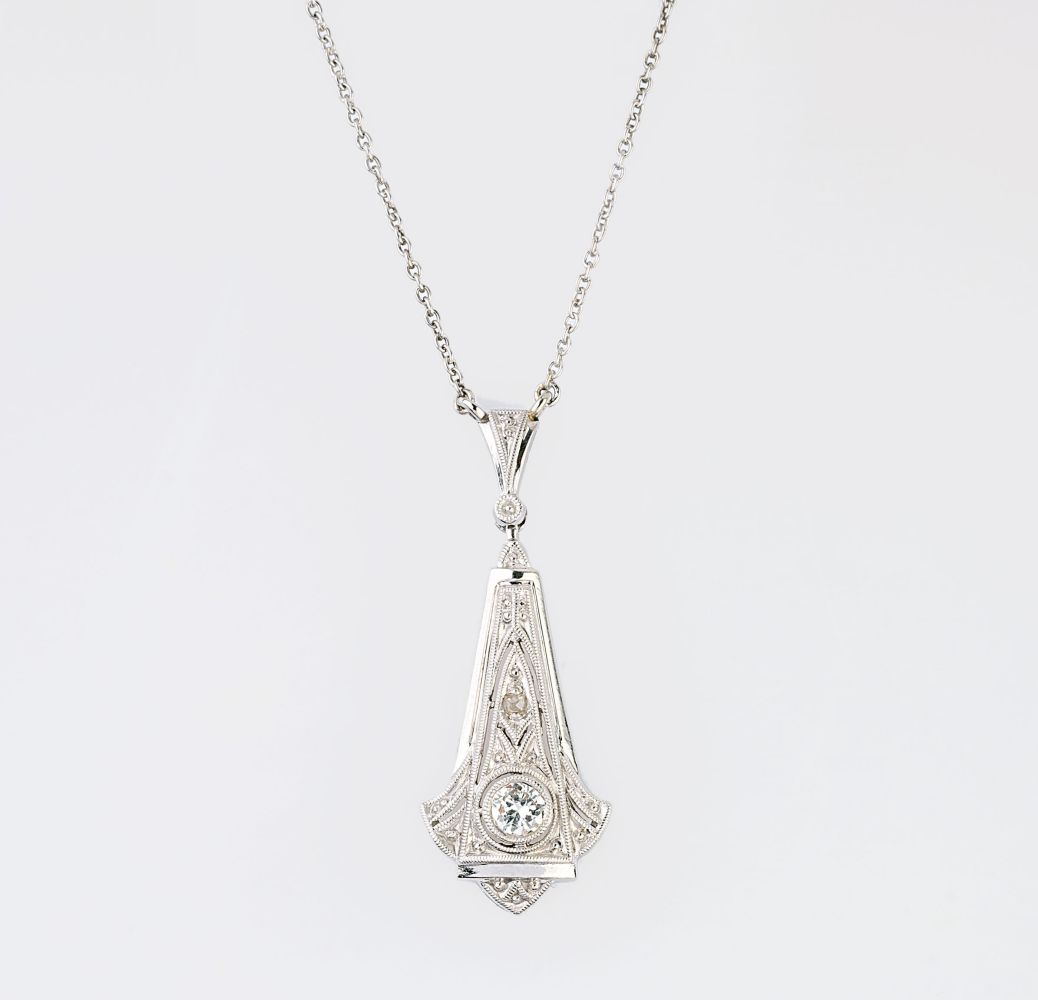 An Art-Nouveau Solitaire Diamond Pendant on Necklace