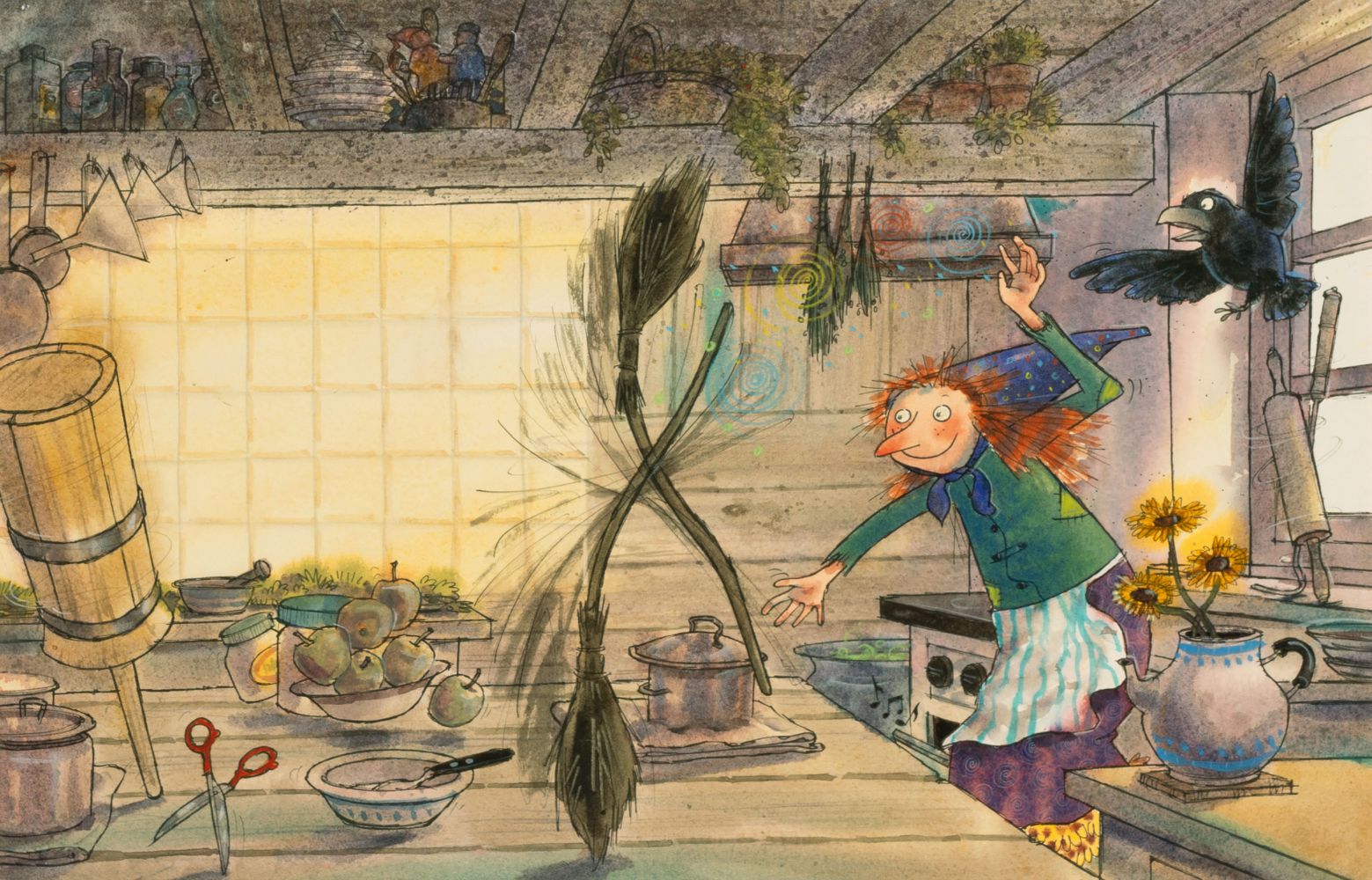 Drei Aquarelle: Die kleine Hexe: Ausflug mit Abraxas