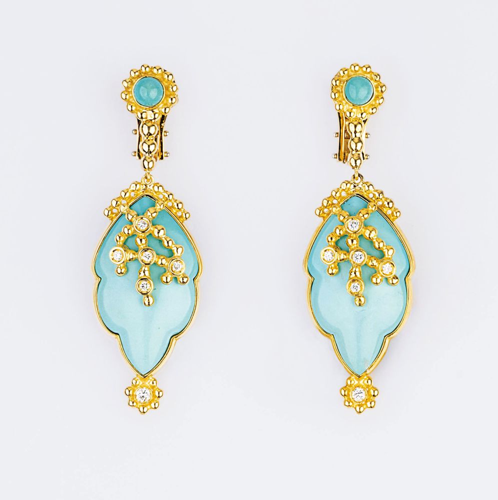 A Pair of Diamond Turquoise Earpendants 'Soleil et Pacifique'