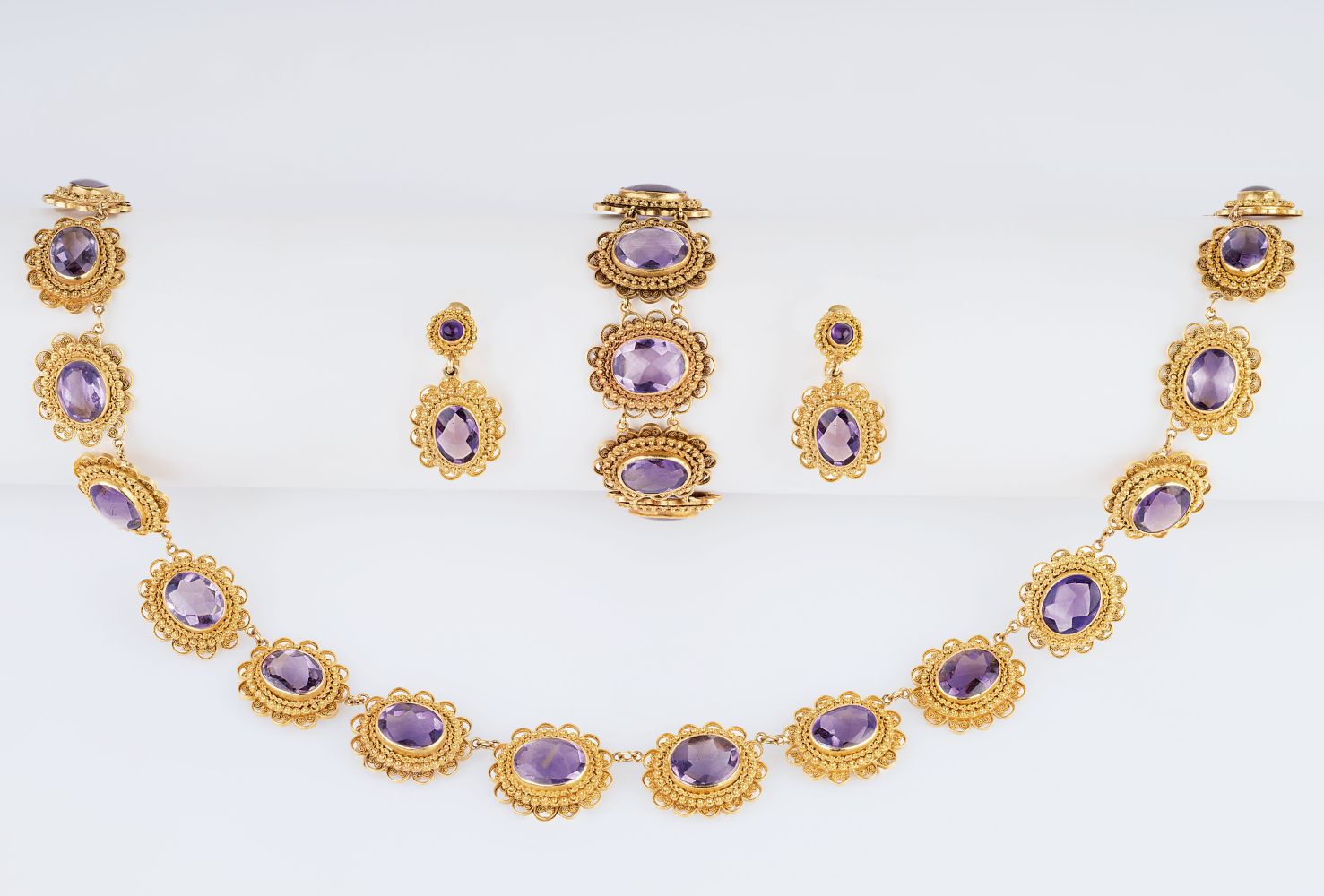 A Filigrée Amethyst Demi Parure in Style of the Golden Biedermeier