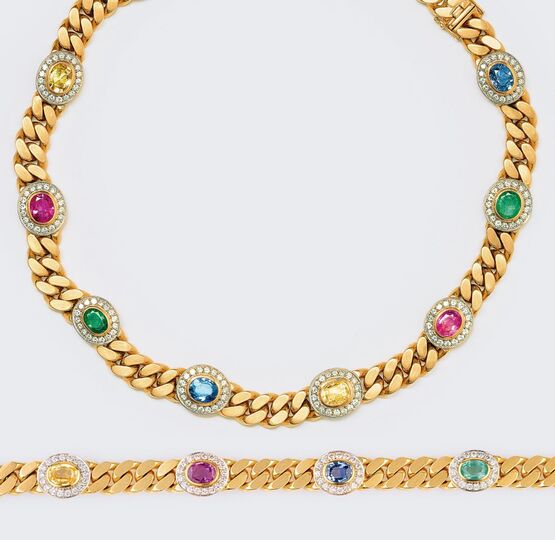 A valuable Curb Chain Necklace and matching Bracelet with Sapphires, Emeralds and Diamonds