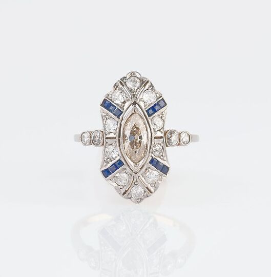 Art-déco Diamant-Saphir-Ring