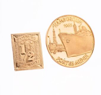 Two Gold Coins 'Hamburg Harbour and Postage Stam'