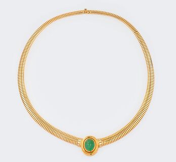 A Gold Necklace with Emerald Cabochon and Diamonds