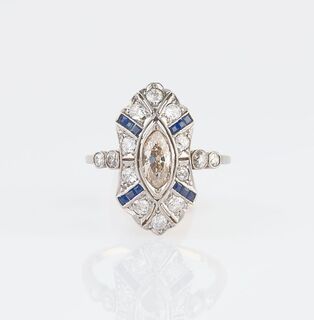 Art-déco Diamant-Saphir-Ring
