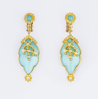 A Pair of Diamond Turquoise Earpendants 'Soleil et Pacifique'