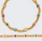 A valuable Curb Chain Necklace and matching Bracelet with Sapphires, Emeralds and Diamonds - image 1