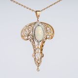 An Art-Nouveau Opal Diamond Pendant with Natural Pearl on Necklace 'Fleur de Trompette' - image 2