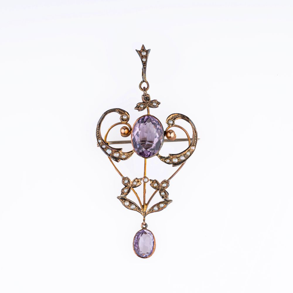 An Art Nouveau Amethyst Pearl Brooch