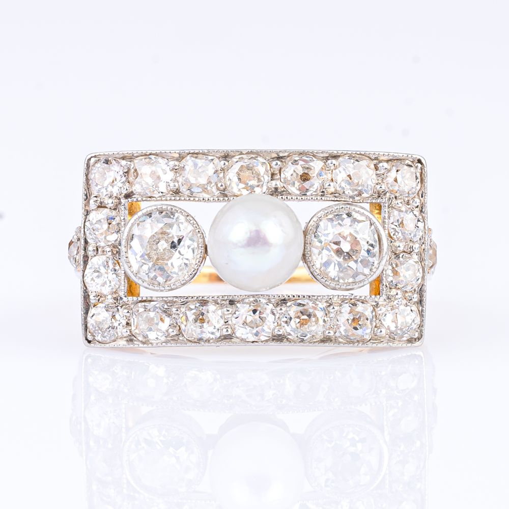 Art-déco Ring mit Altschliffdiamanten und Perle - Bild 2