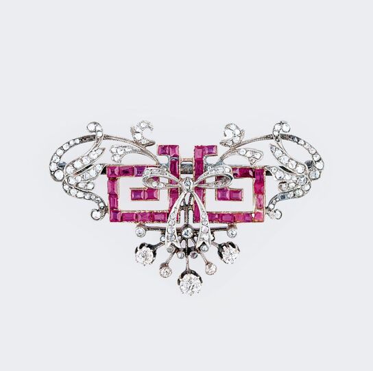 Feine Jugendstil Rubin-Diamant-Brosche