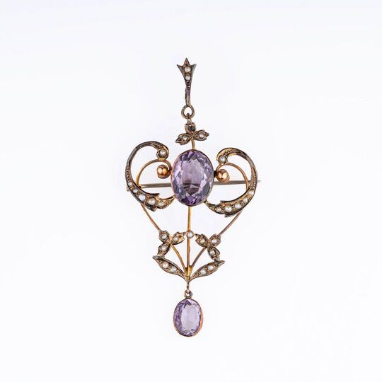 An Art Nouveau Amethyst Pearl Brooch