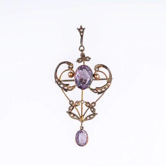 Jugendstil Amethyst-Perlen-Brosche