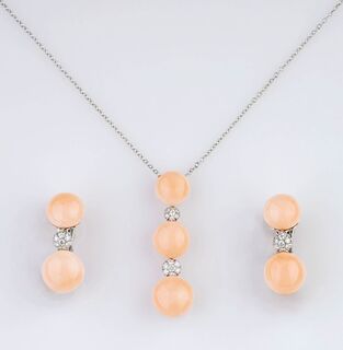 A Coral Diamond Jewellery Set with Pendant and Pair of Earrings
