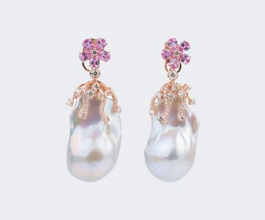 A Pair of Pearl Pink-Sapphire Diamond Earpendants