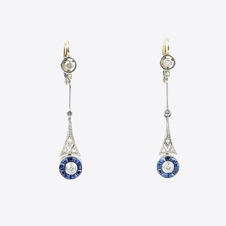 A Pair of Art-déco Diamond Sapphire Earrings