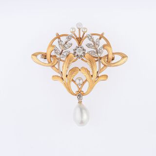 An Art Nouveau Diamond Pearl Brooch