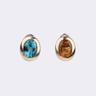 A Pair of two-coloured Precious Stones Earrings with Blue Topaz and Citrine