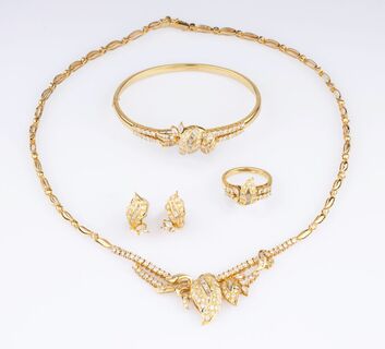 A Diamond Parure with Necklace, Bangle Bracelet, Ring and Pair of Earclips