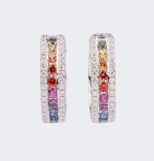 A Pair of Rainbow Earrings with colourful Sapphires and Diamonds