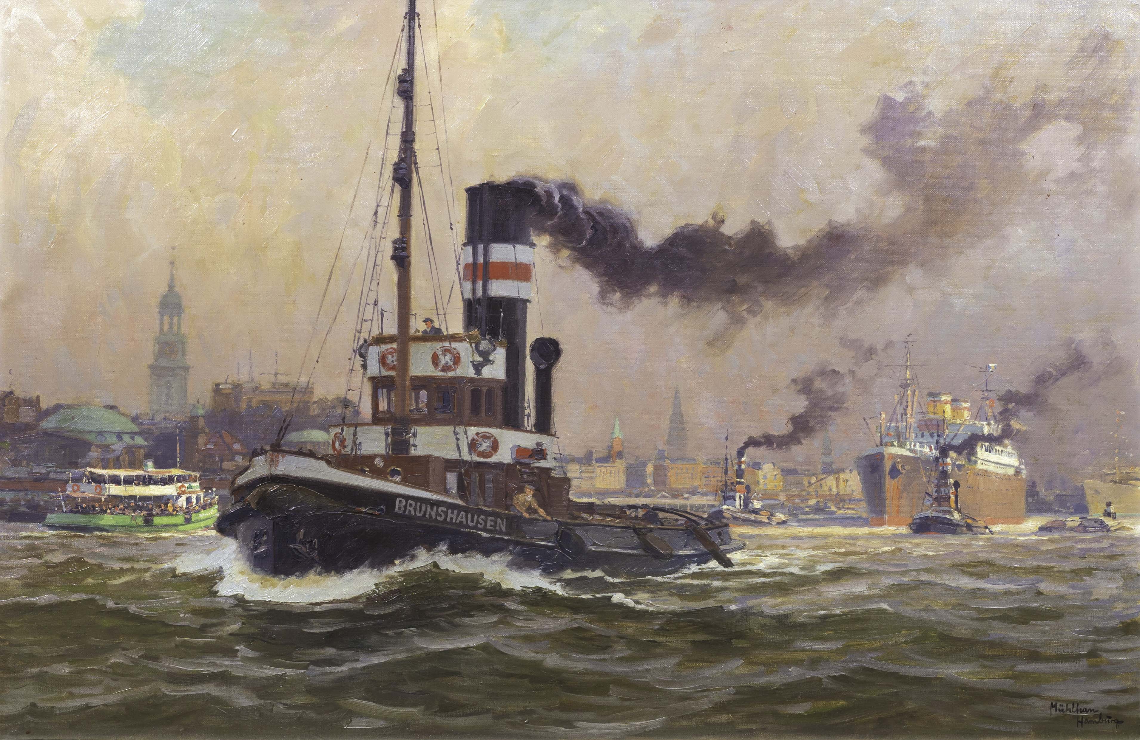 Adolf Mühlhan - Der Schlepper Brunshausen im Hamburger Hafen Der Schlepper Brunshausen im Hamburger Hafen