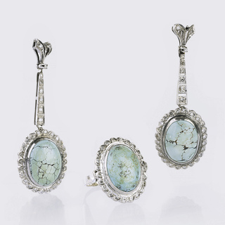 - A Turquiose Diamond Jewellery Set with Ring and a Pair of Earpendants A Turquiose Diamond Jewellery Set with Ring and a Pair of Earpendants
