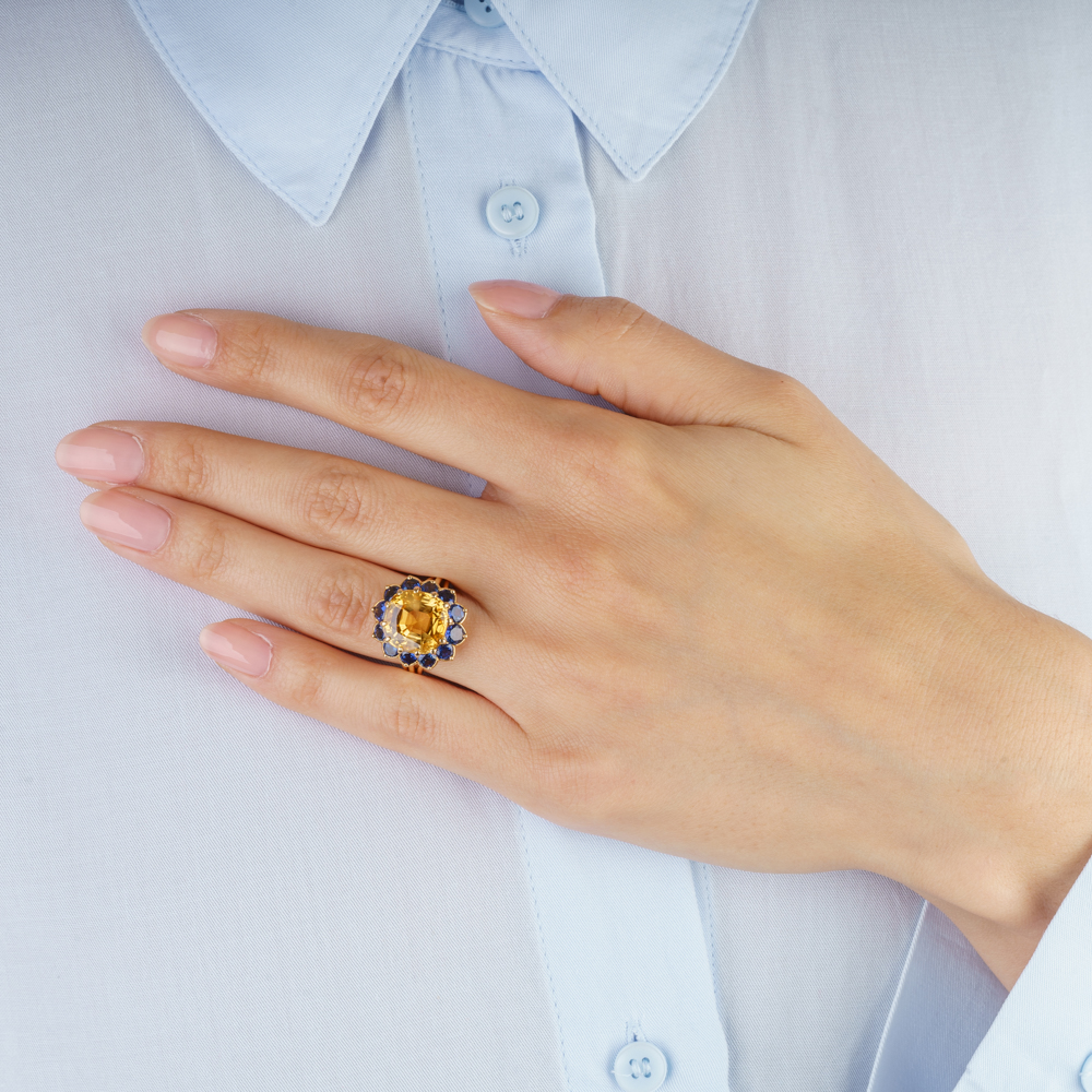 Seltener, natürlicher Yellow-Saphir Ring mit blauen Saphiren - Bild 3