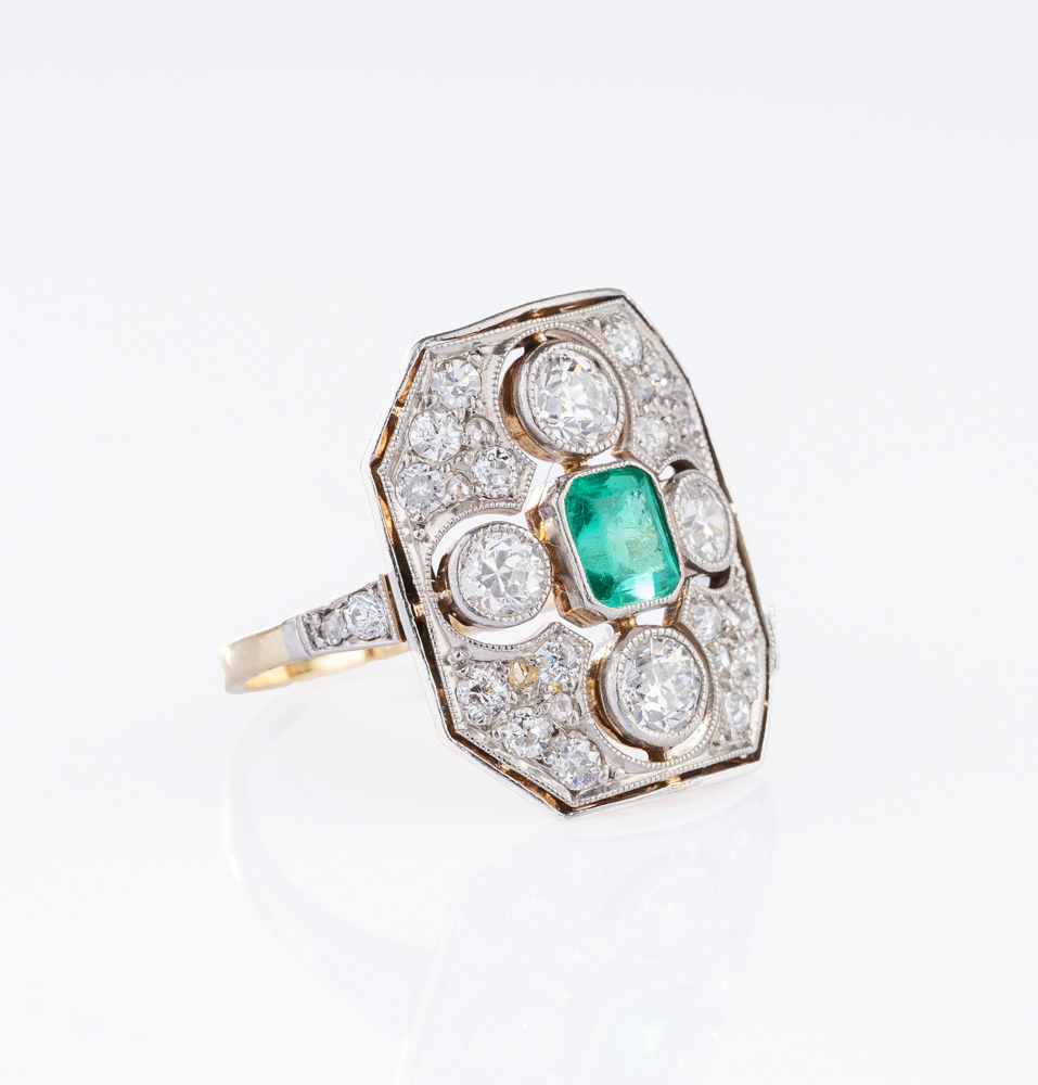 Art Nouveau Emerald Diamond Ring - image 2