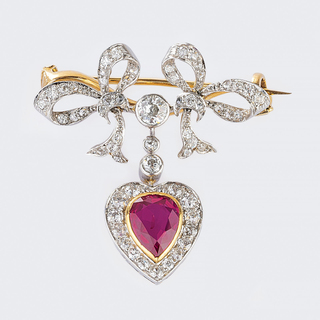 Art Nouveau Diamond Brooch with Ruby Heart Pendant