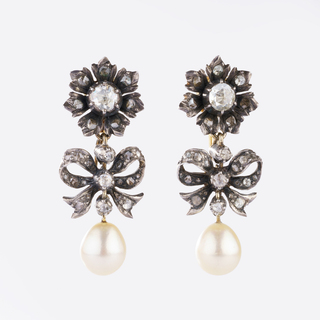 Pair antique Rose Cut Diamond Earpendant Clips with Natural Pearls