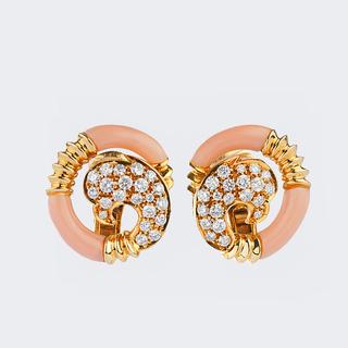 Pair of Vintage Diamond Earclips with Coral 'Engelshaut'