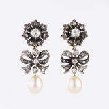 Pair antique Rose Cut Diamond Earpendant Clips with Natural Pearls