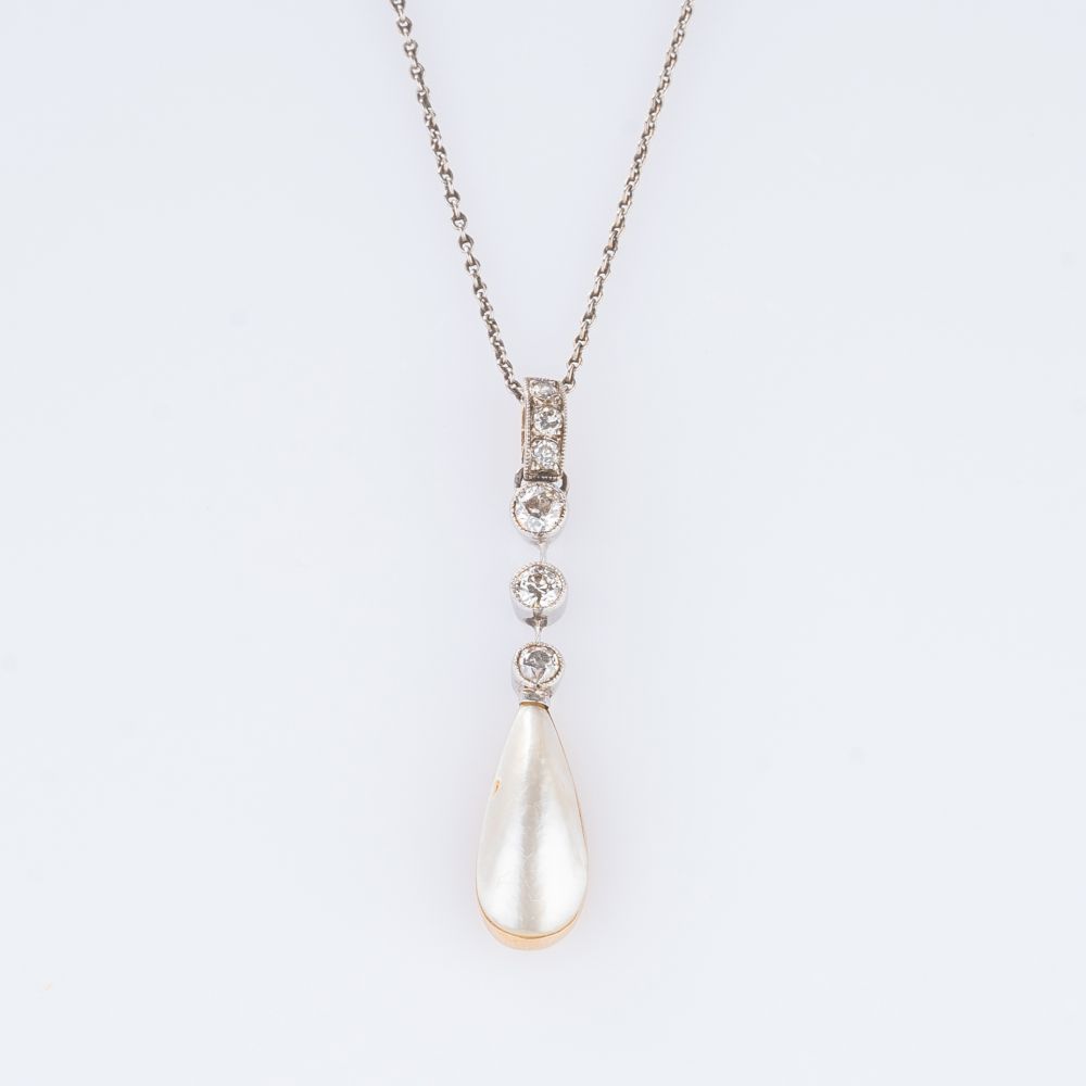 Art Nouveau Diamond Pearl Pendant on Necklace