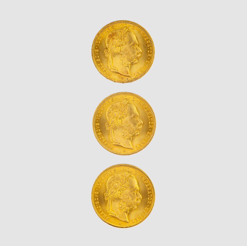 Drei Goldmünzen 8 Florin Kaiser Franz Joseph I Drei Goldmünzen 8 Florin Kaiser Franz Joseph I