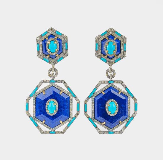 Paar Lapislazuli-Türkis-Diamant Ohrhänger
